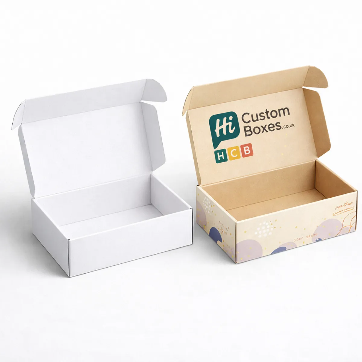 Robust cardboard mailer-style hamper boxes- featuring internal branding and a charming pastel splash design- class=